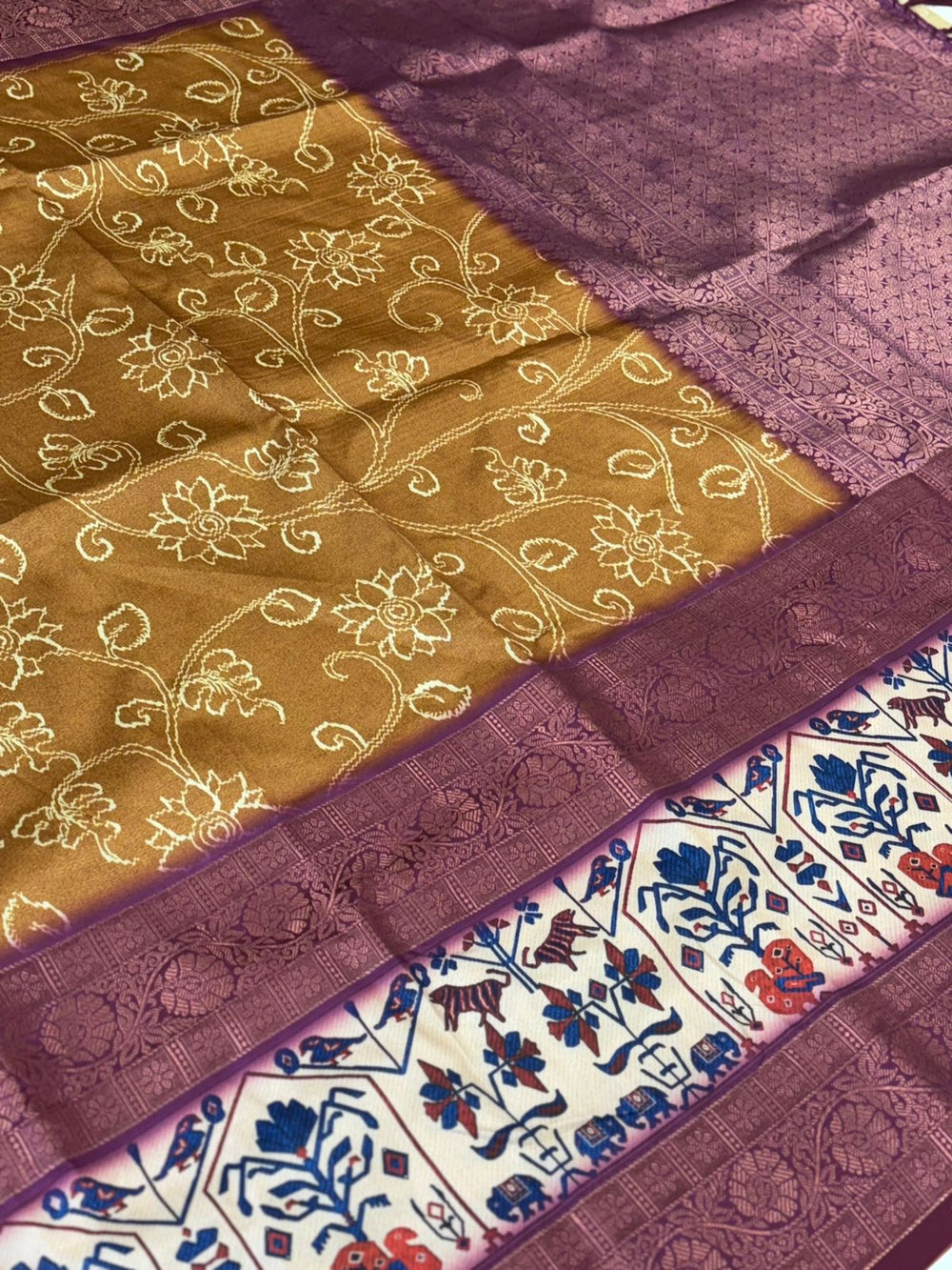 Artistic Mustard Kalamkari Silk Saree