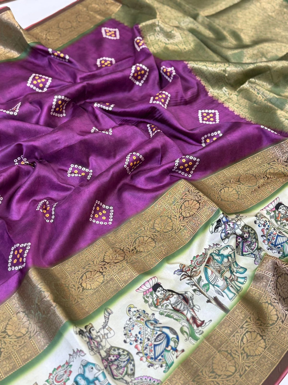 Artistic Wine Bandhej Silk Saree