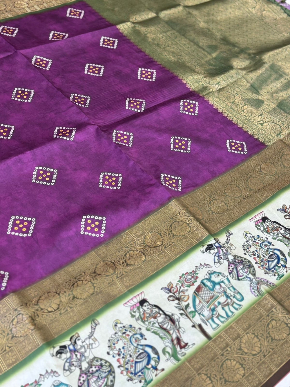 Artistic Wine Bandhej Silk Saree