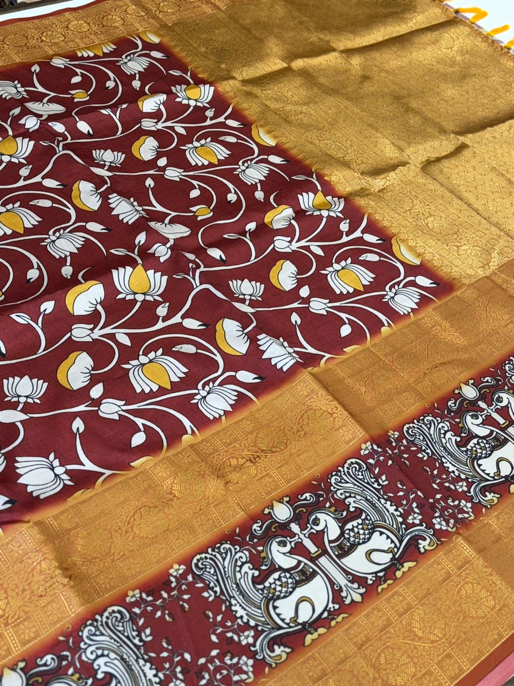 Artistic Marron Kalamkari Silk Saree