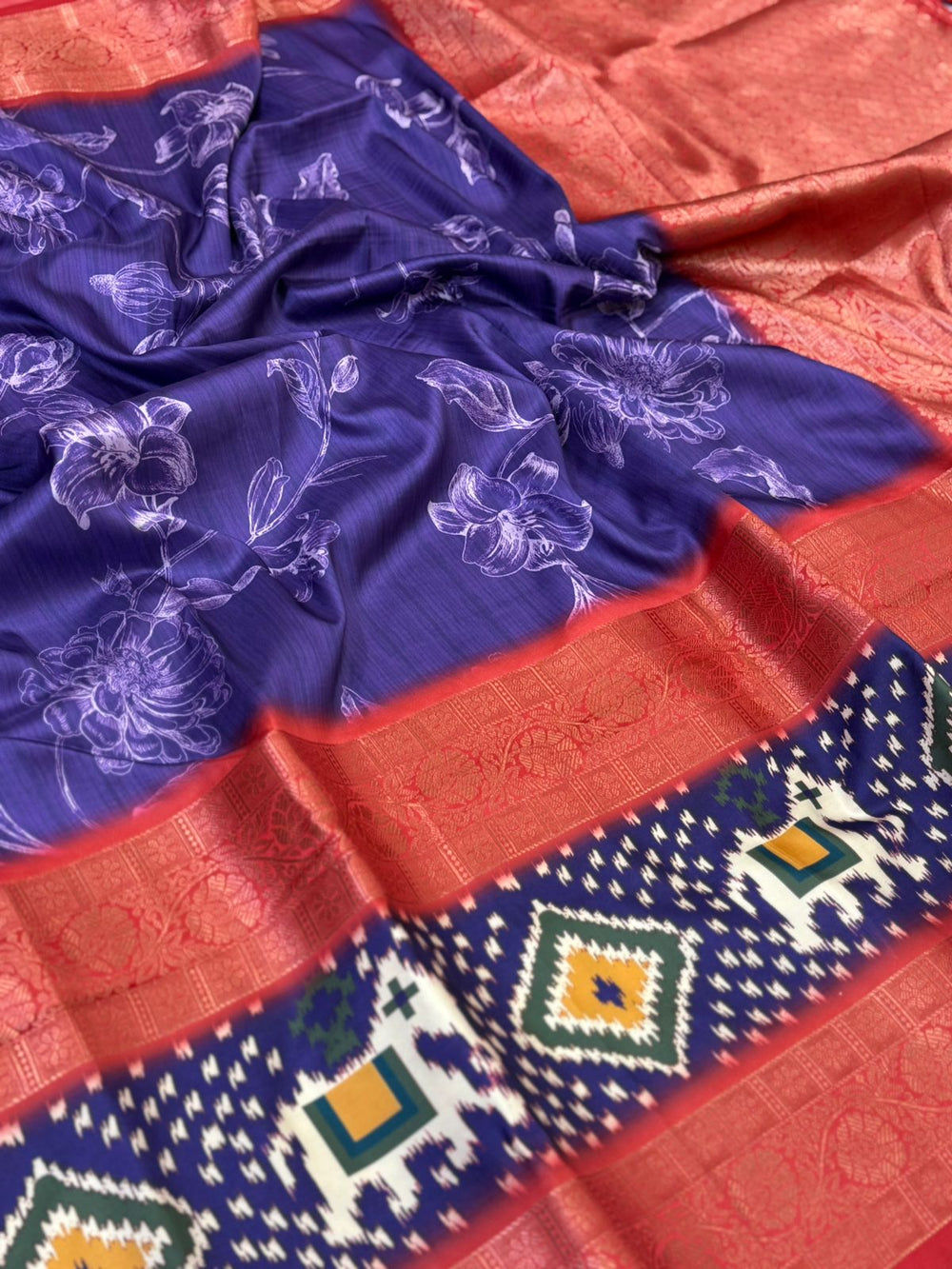 Artistic Royal Purple Floral Silk Saree