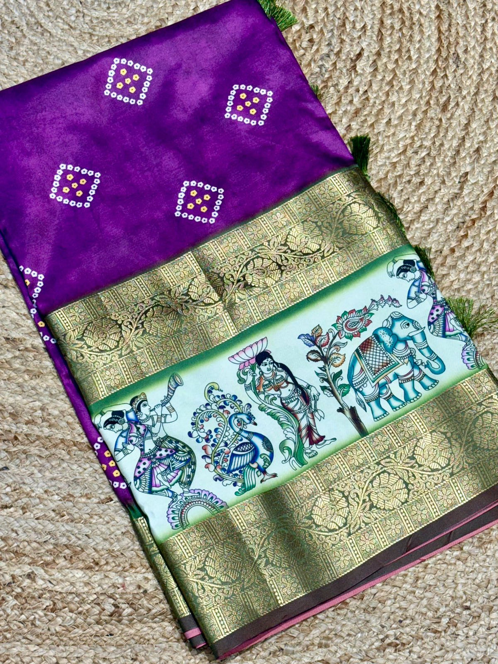 Artistic Wine Bandhej Silk Saree