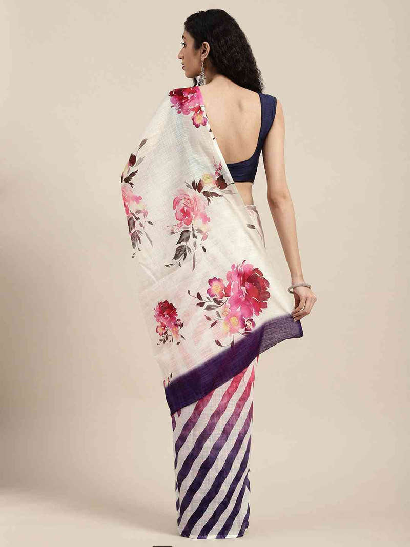 Beautiful Linen Floral And Geometric Print Saree