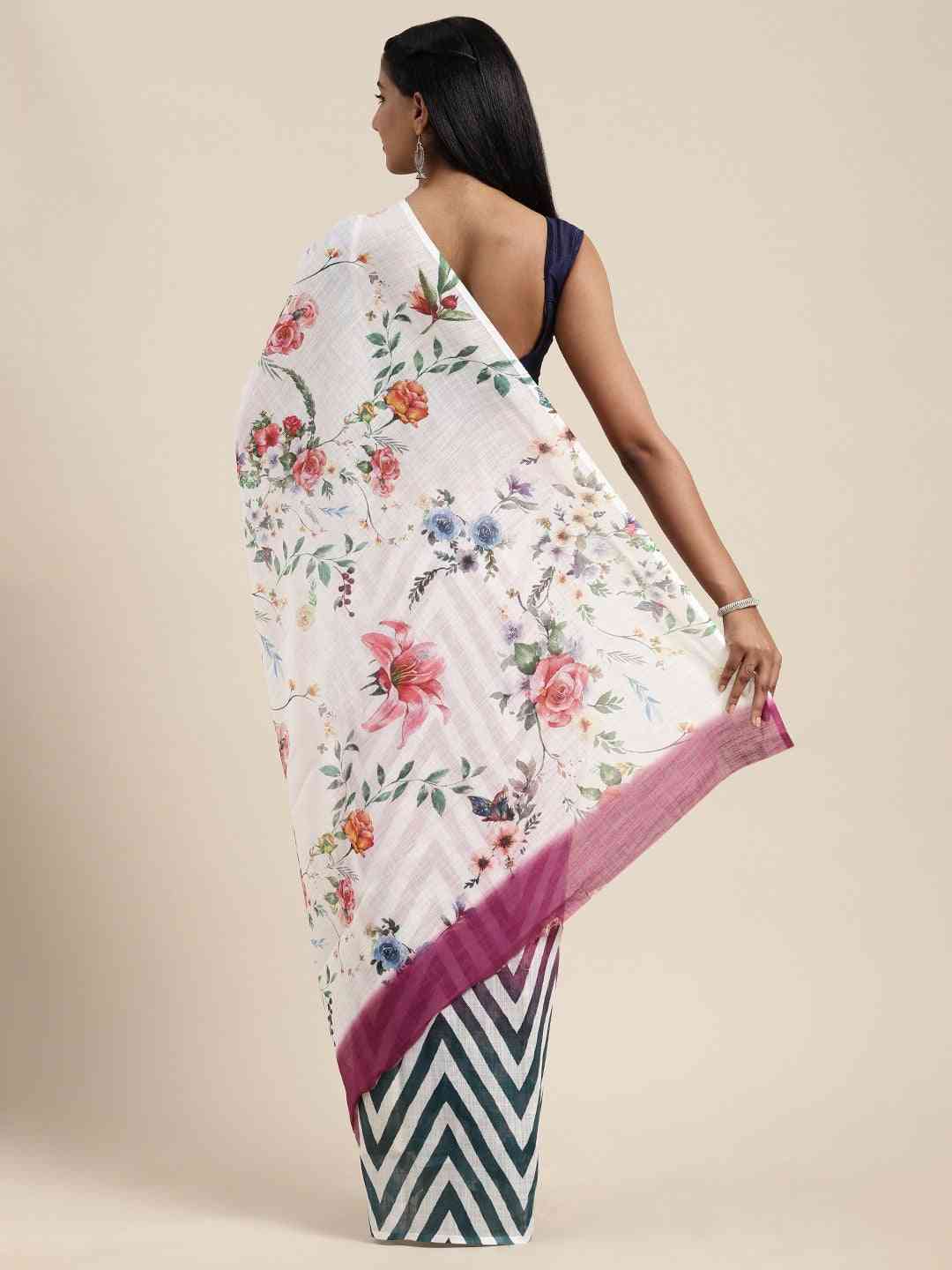 Beautiful Linen Floral Printed Ikat Saree