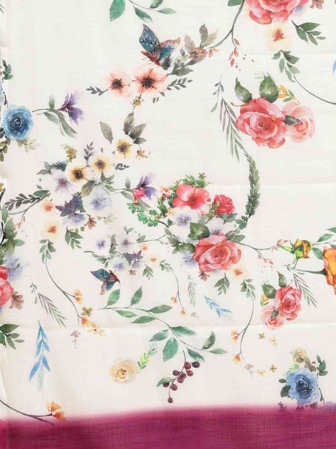 Beautiful Linen Floral Printed Ikat Saree