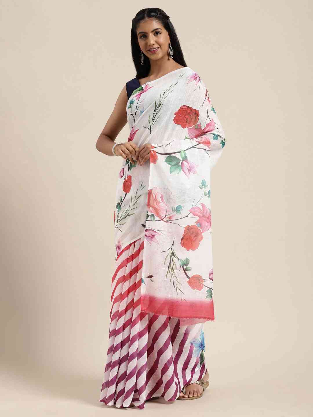 Beautiful Linen Floral Print Party Wear Saree Collection
