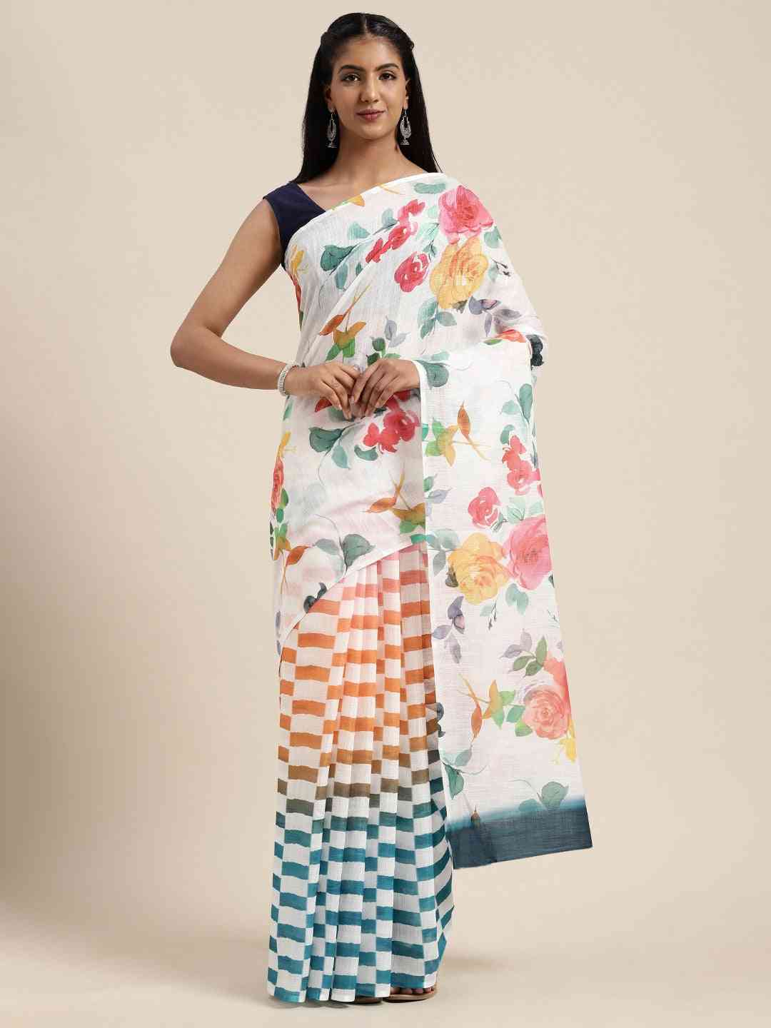 Beautiful Linen Floral Print Party Wear Saree Collection
