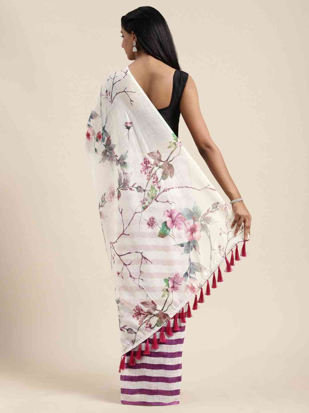Beautiful Linen Saree With Floral Printed