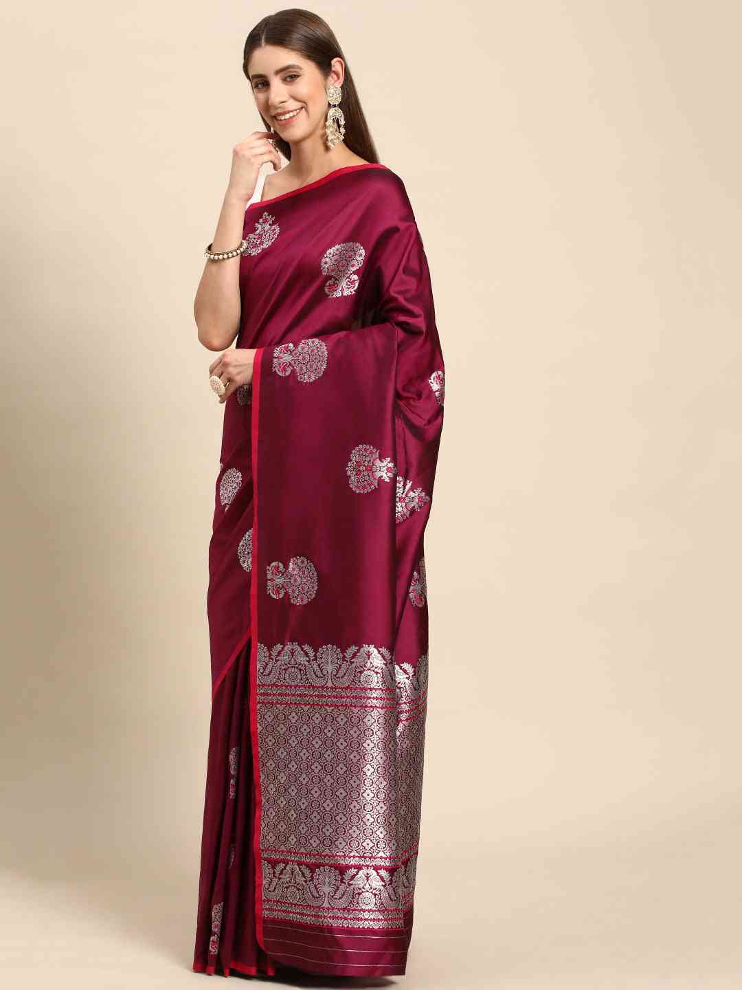 Wine Colour Pure Banarasi Zari Silk Saree with Ethnic Motifs
