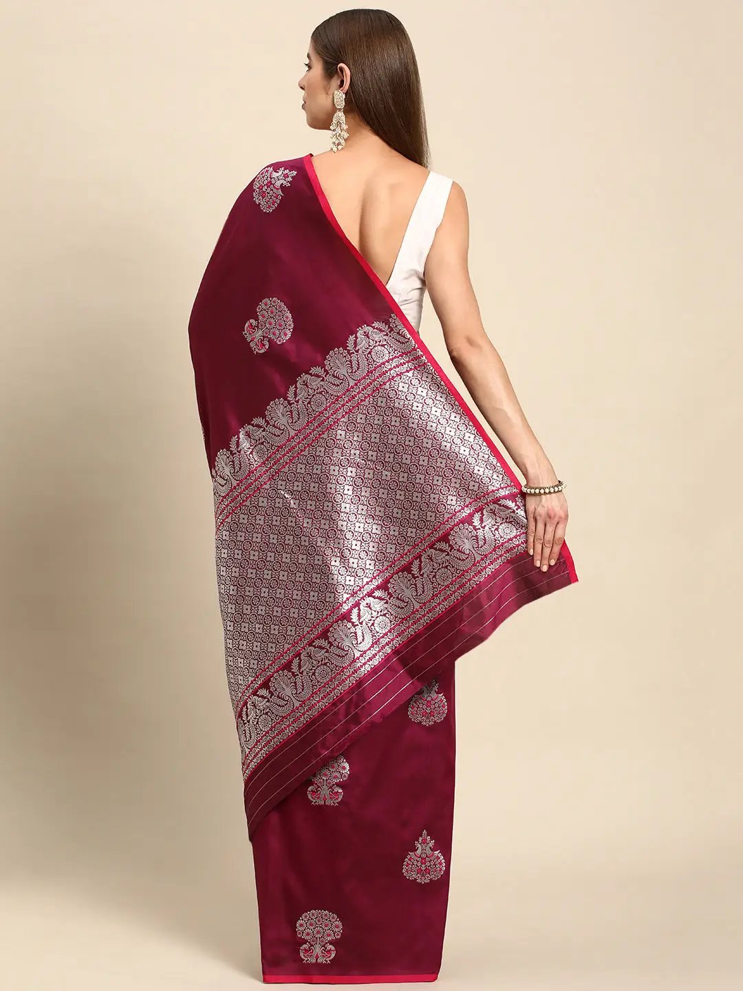 Wine Colour Pure Banarasi Zari Silk Saree with Ethnic Motifs