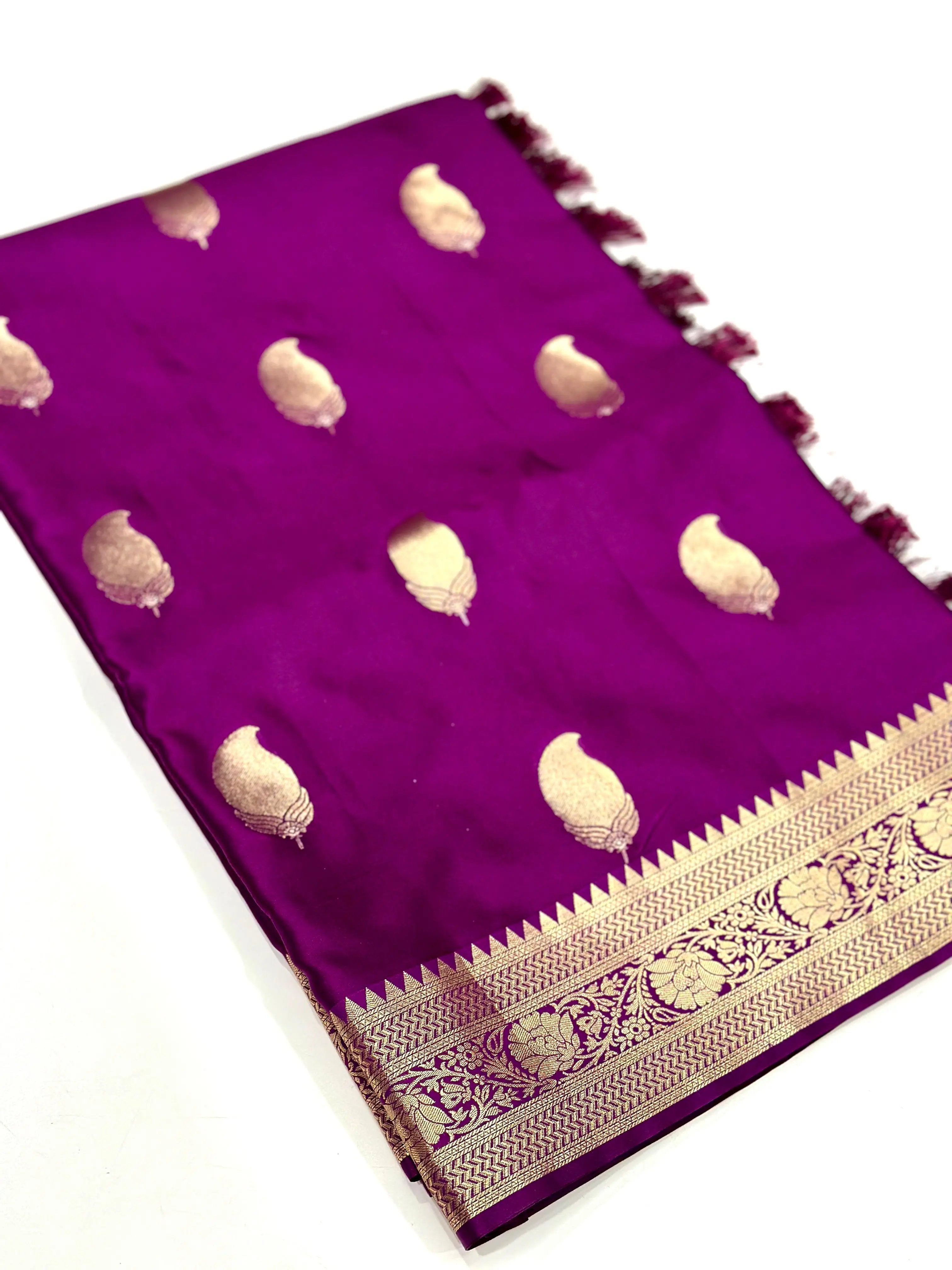 Wine Banarasi Soft Satin Masru Mango Silk Saree