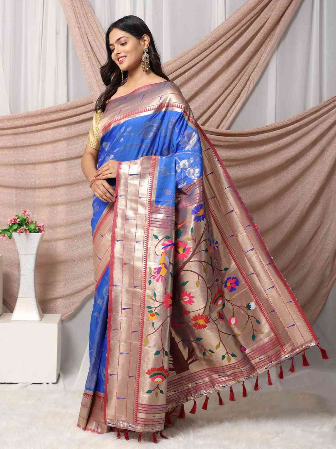 Blue Silk Blend Woven Zari Paithani Saree