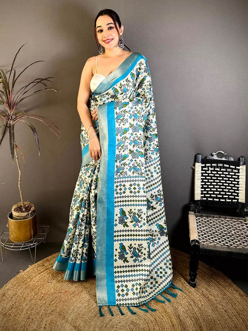 Aqua Bird Printed Tussar Check Saree
