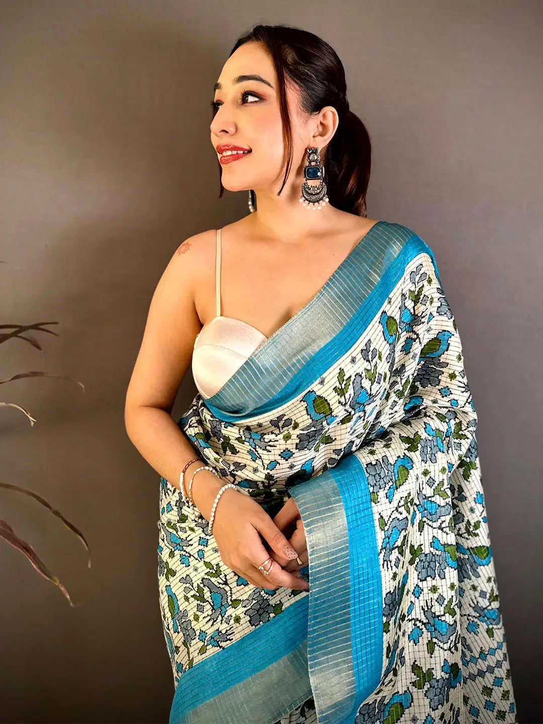 Aqua Bird Printed Tussar Check Saree