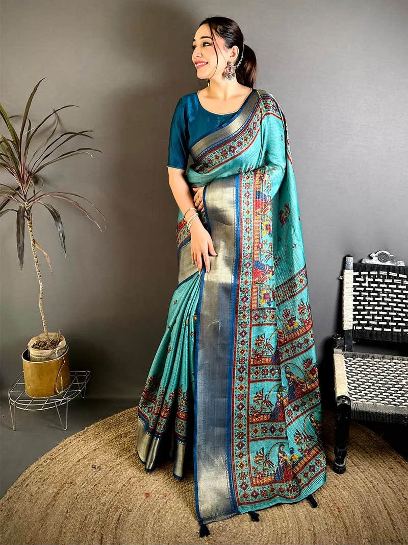 Aqua Soft Dola Kalamkari Zari Border Saree