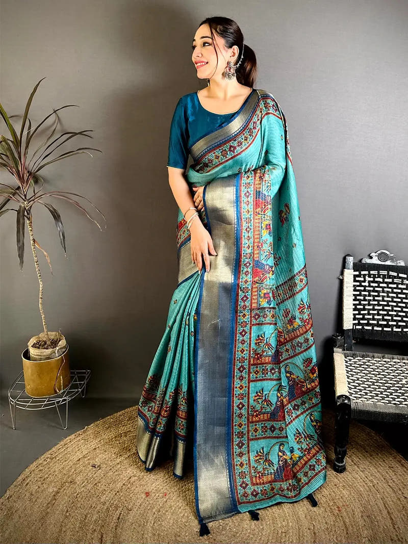 Aqua Soft Dola Kalamkari Zari Border Saree