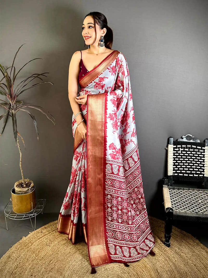 Artisan Grey Floral Print Soft Dola Saree