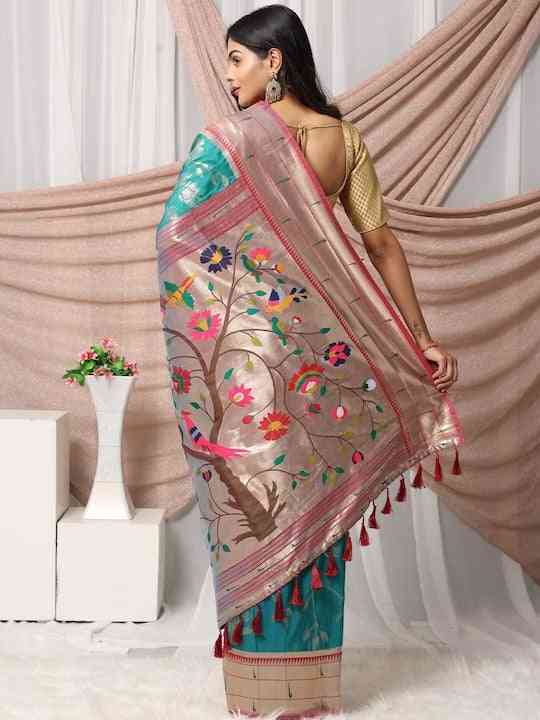 Paithani Silk Blend Zari Work Rama Colour Saree