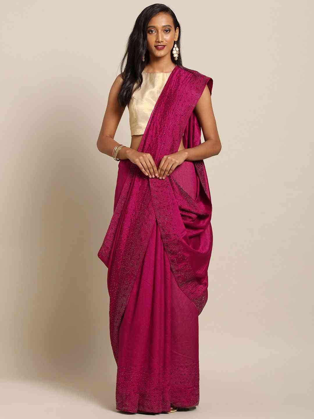 Wine Colour Solid Print With Embellished Border Saree