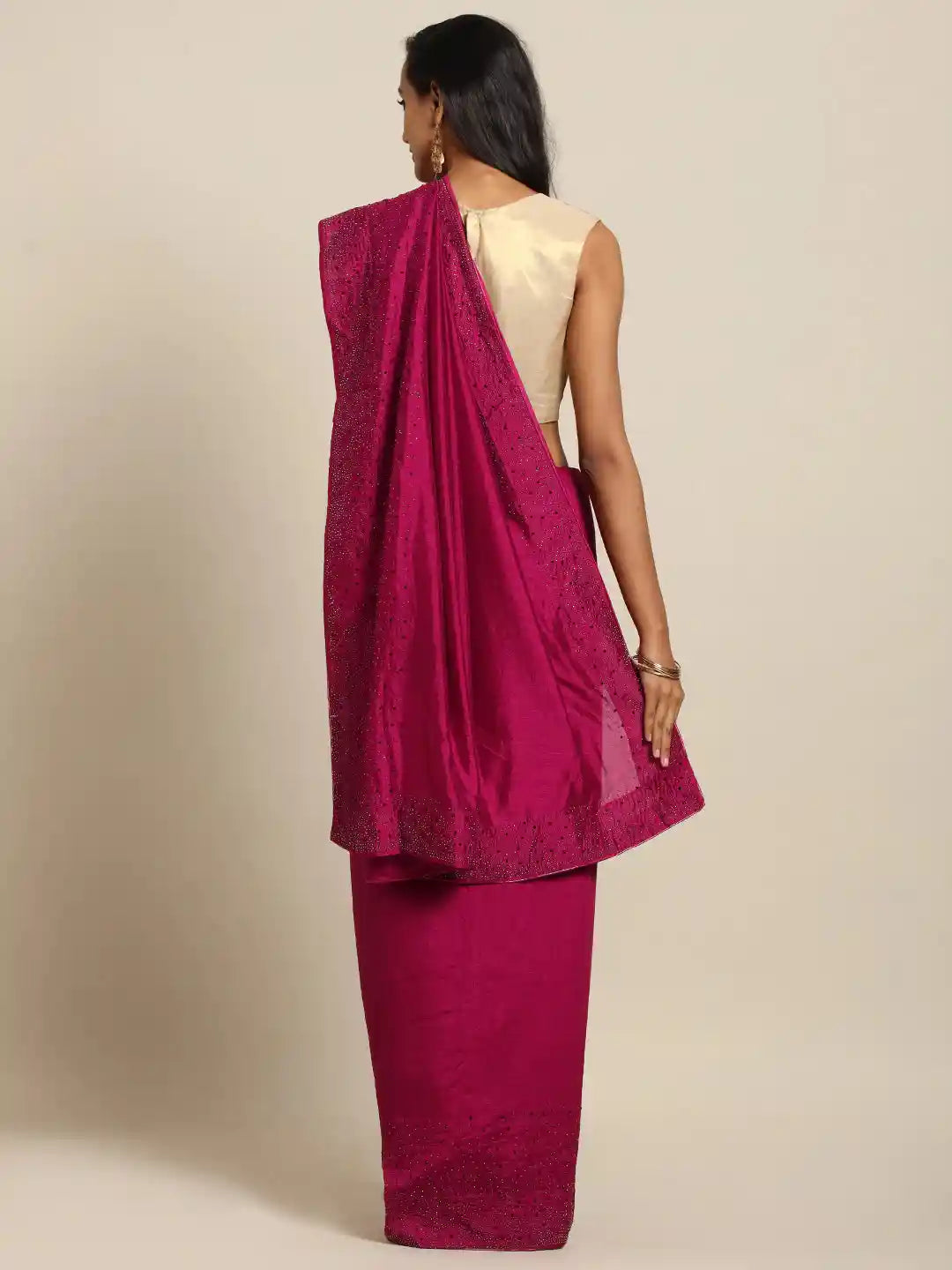 Wine Colour Solid Print With Embellished Border Saree