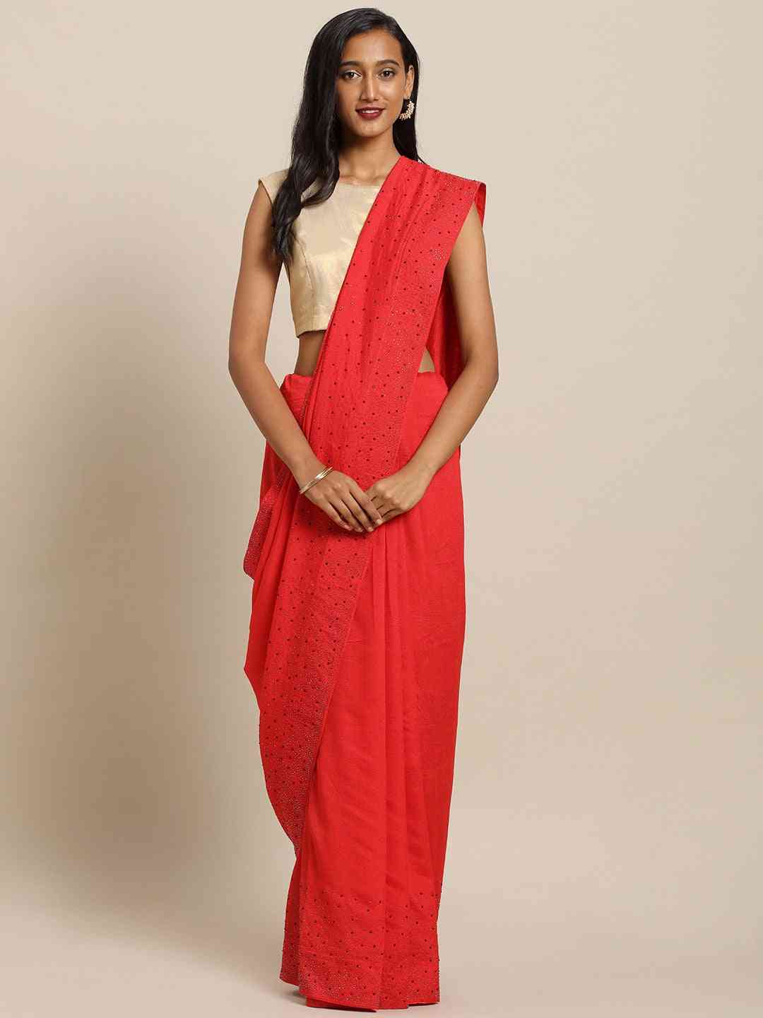 Stylish Red Saree with Solid Print & Embellished Border
