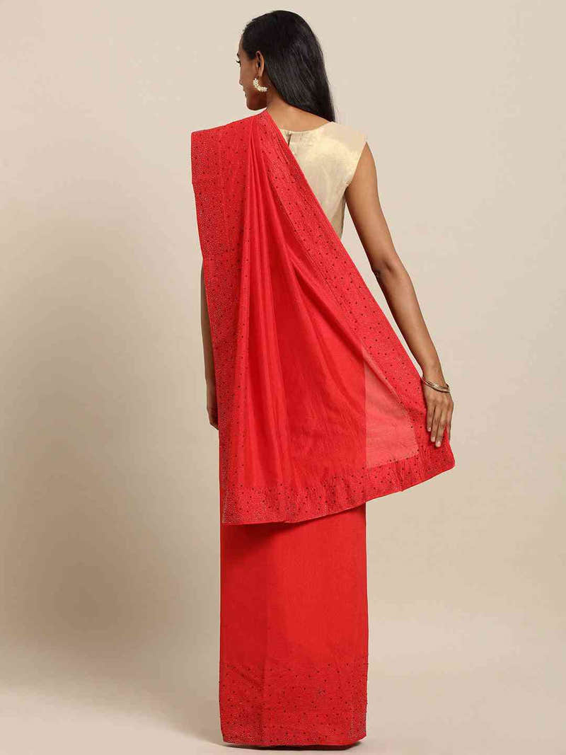Stylish Red Colour Solid Print With Stones Work Saree
