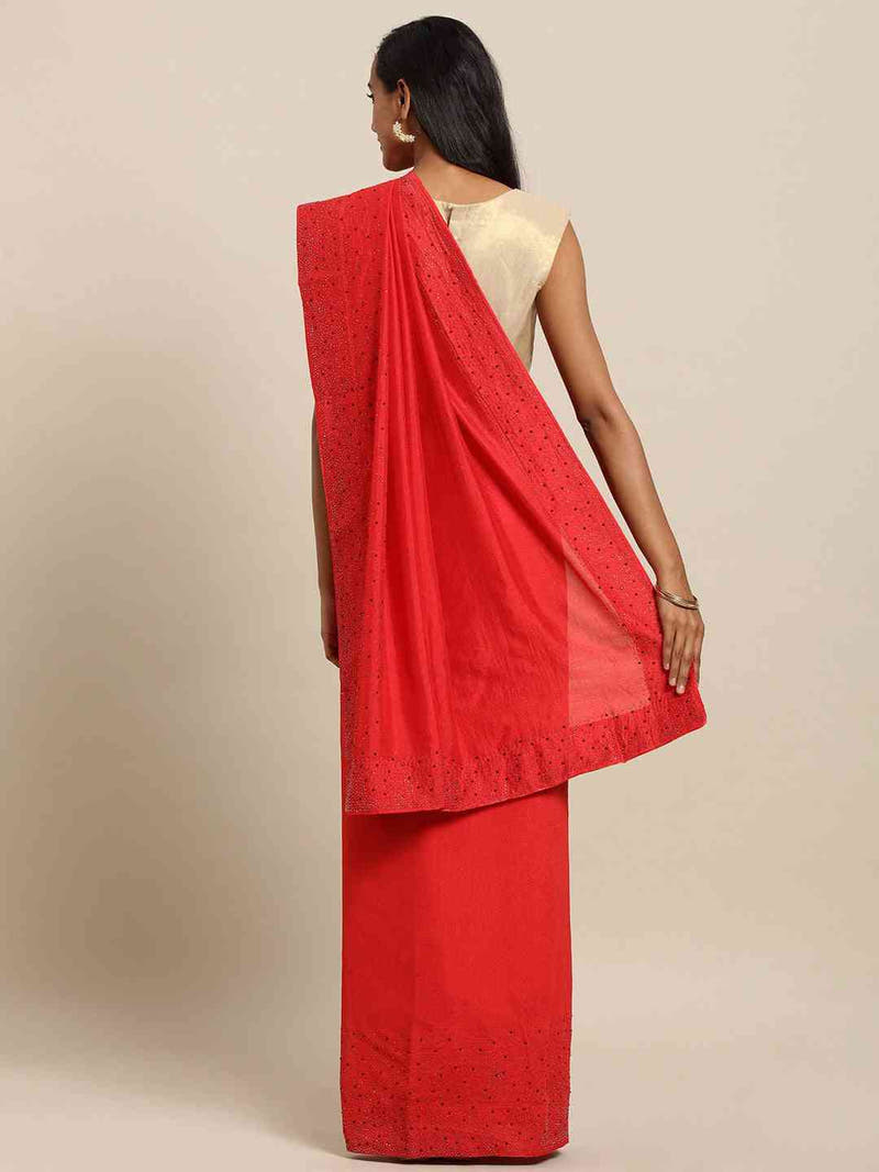 Stylish Red Saree with Solid Print & Embellished Border