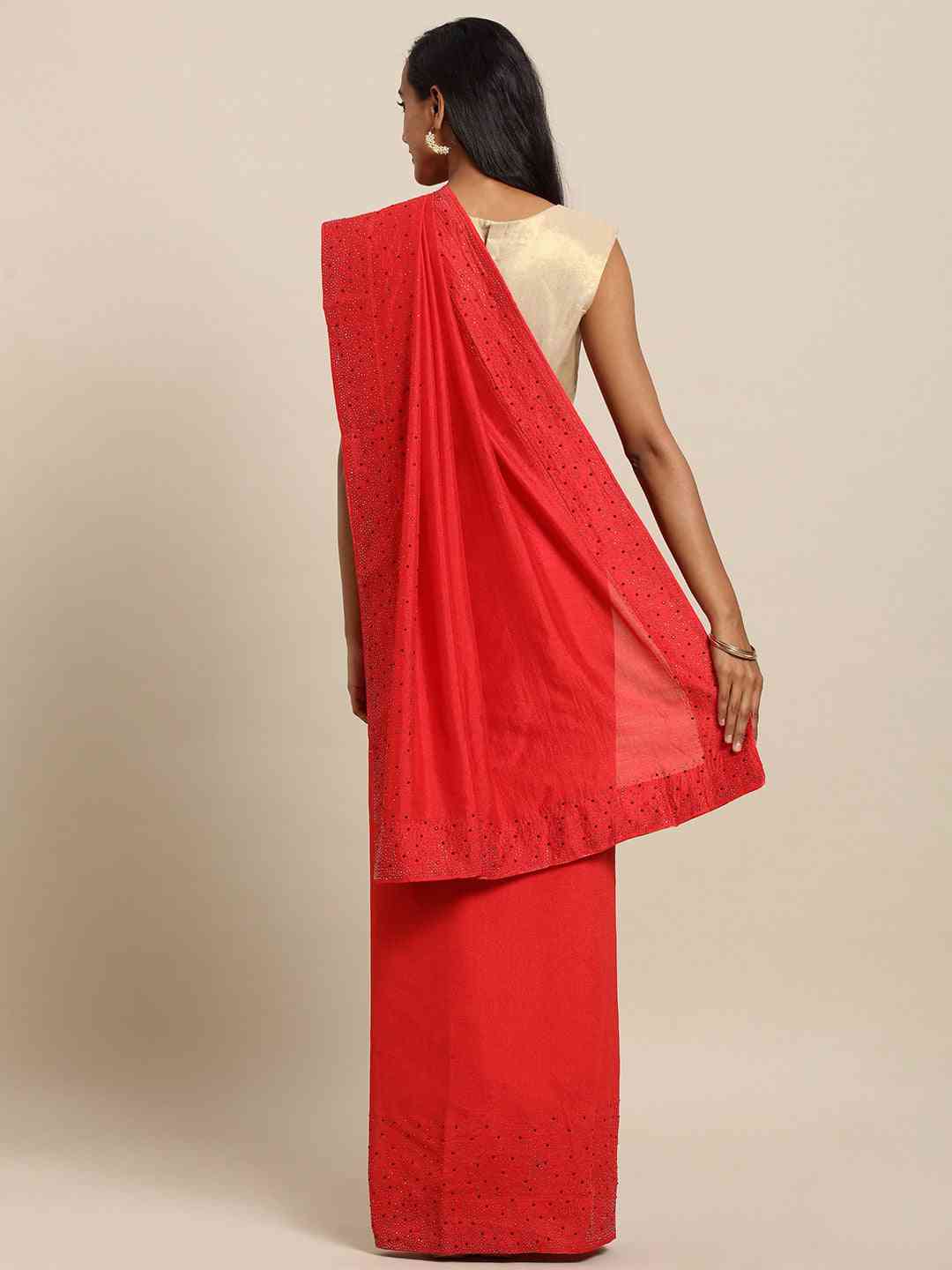 Stylish Red Saree with Solid Print & Embellished Border