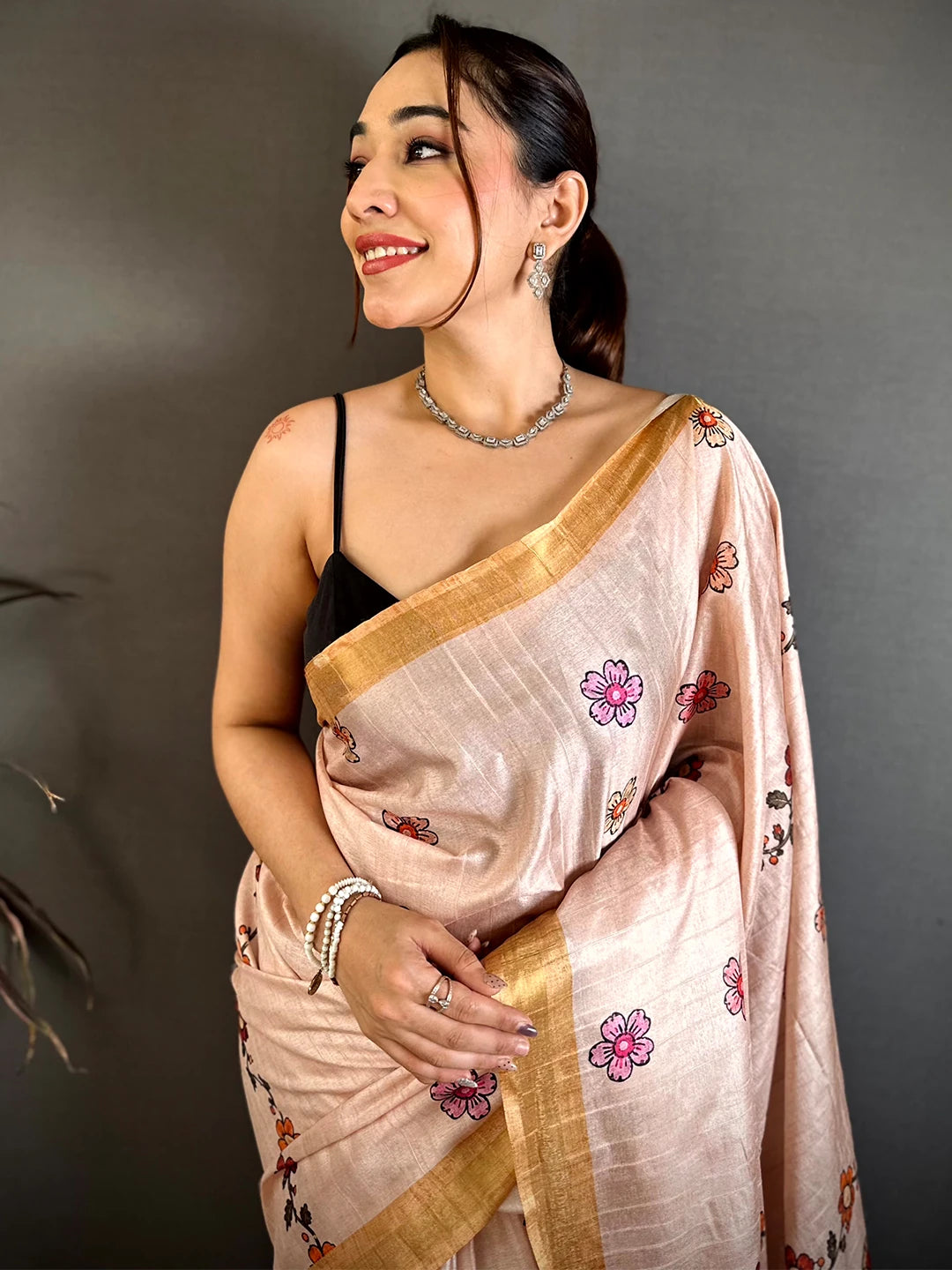 Blush Beige Soft Silk Kalamkari Print Saree