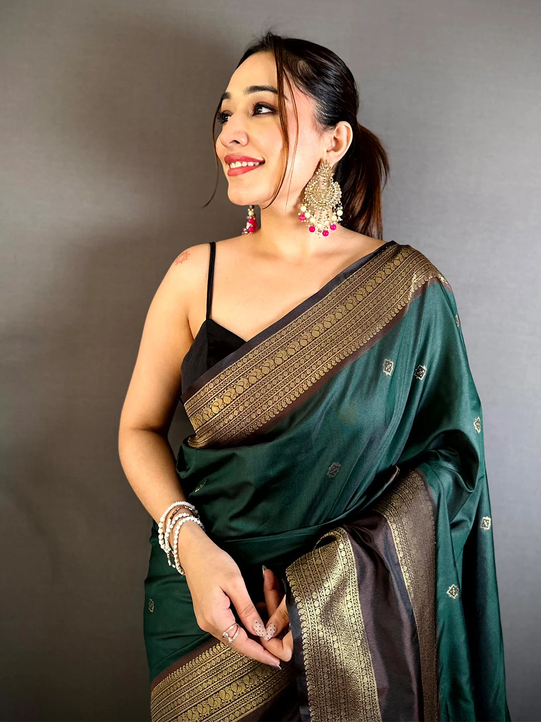Bottle Green Soft Silk Gadwal Border Saree