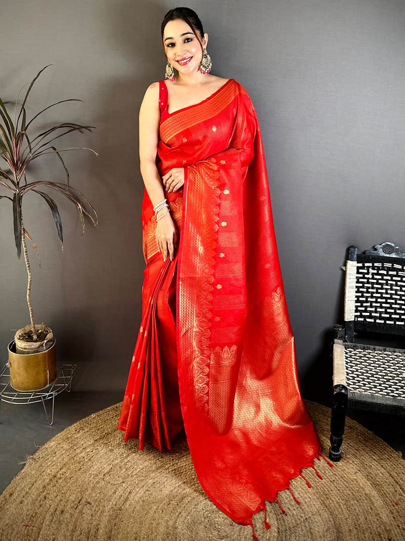 Bright Red Self Zari Check Gadwal Saree