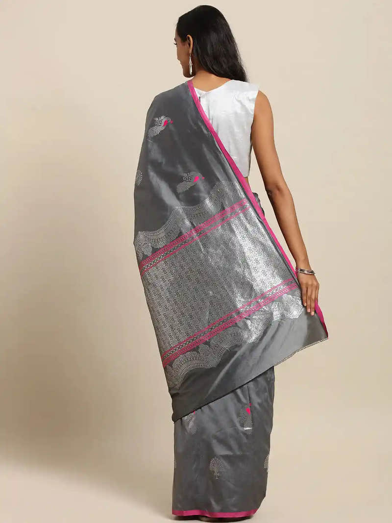 Beautiful Kanjivaram Grey Colour Silk Blend Woven Design Saree