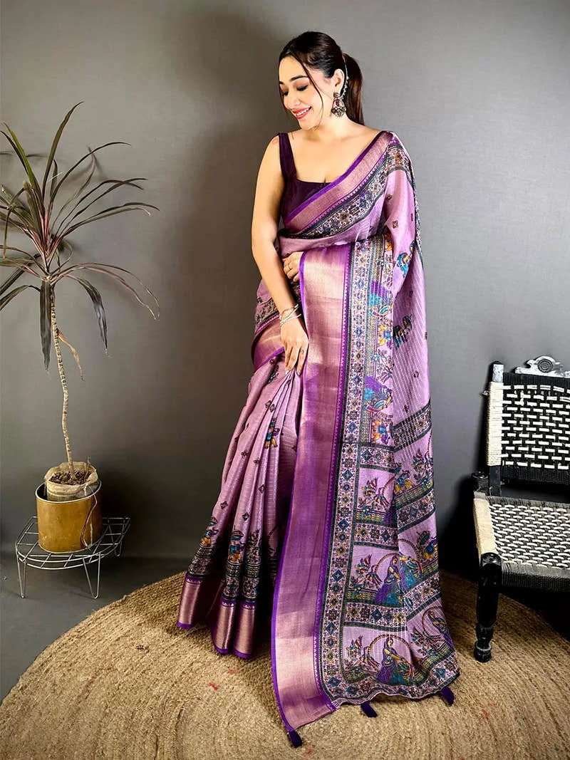 Lavender Soft Dola Kalamkari Zari Border Saree