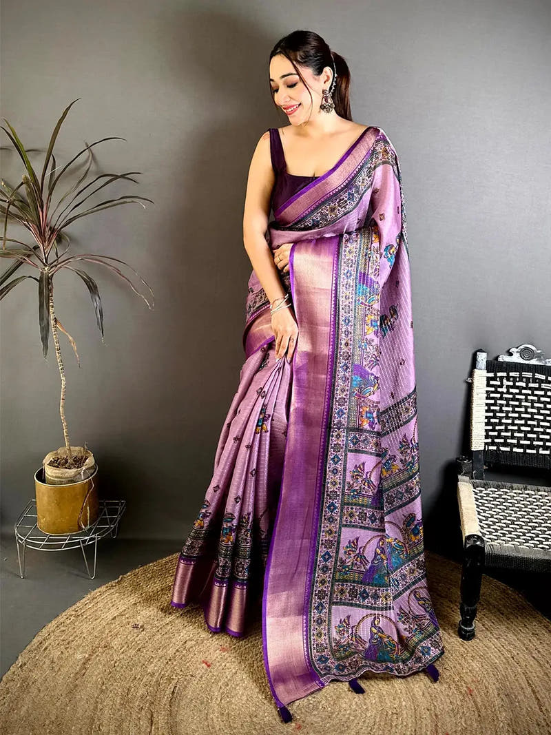 Lavender Soft Dola Kalamkari Zari Border Saree
