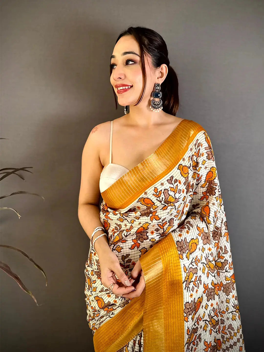 Mustard Bird Printed Tussar Check Saree