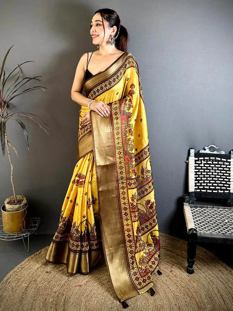 Mustard Soft Dola Kalamkari Zari Border Saree