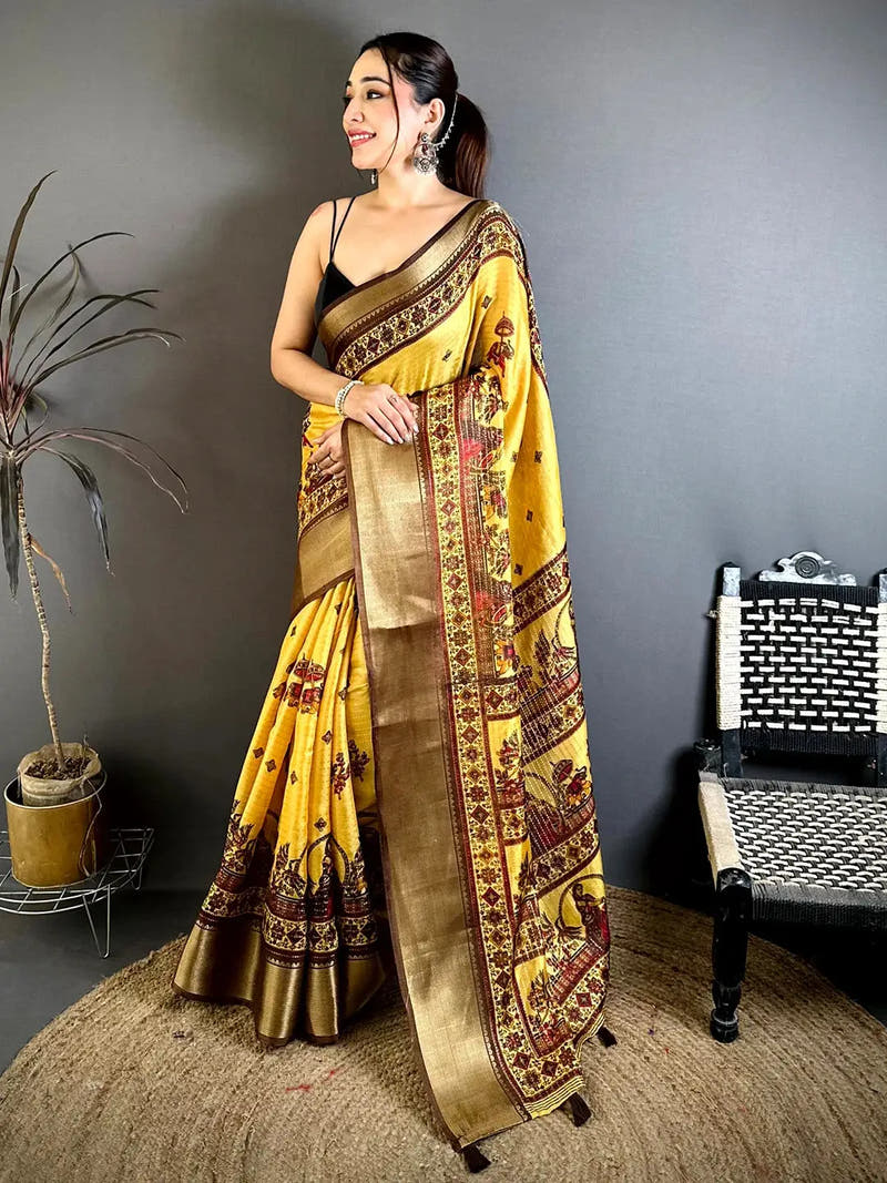 Mustard Soft Dola Kalamkari Zari Border Saree