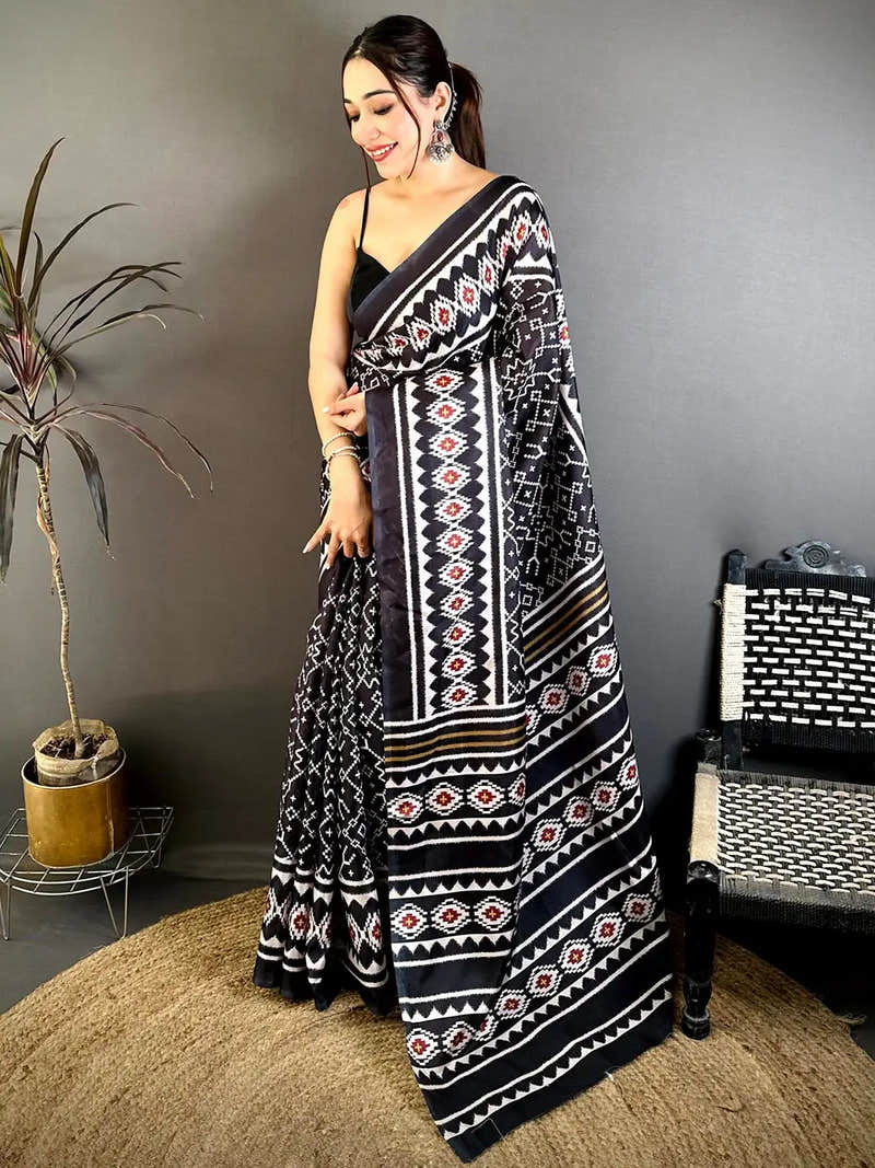 Royal Black Patola Print Tussar Saree