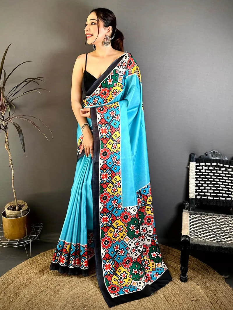 Royal Sky Blue Patola Print Tussar Saree