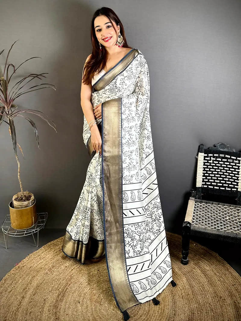 Vibrant Soft Dola Silk Black Ink Kalamkari Saree