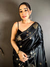 Royal Black Satin Silk Peacock Zari Saree