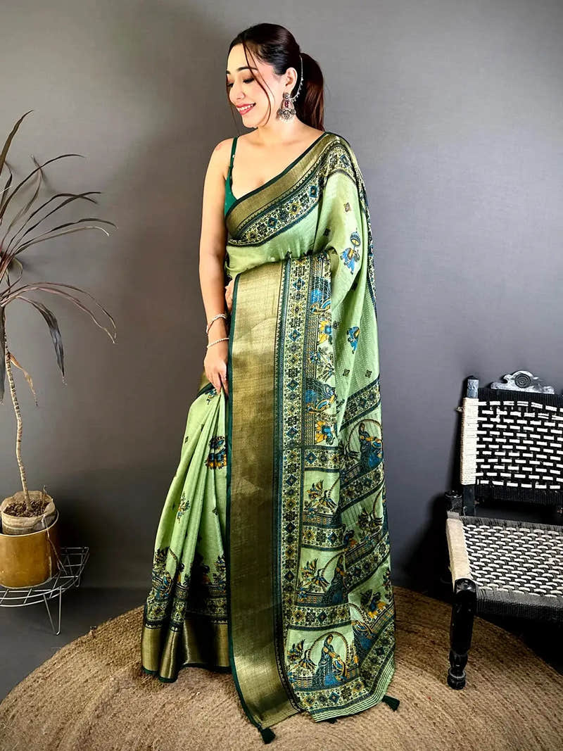 Pista Soft Dola Kalamkari Zari Border Saree