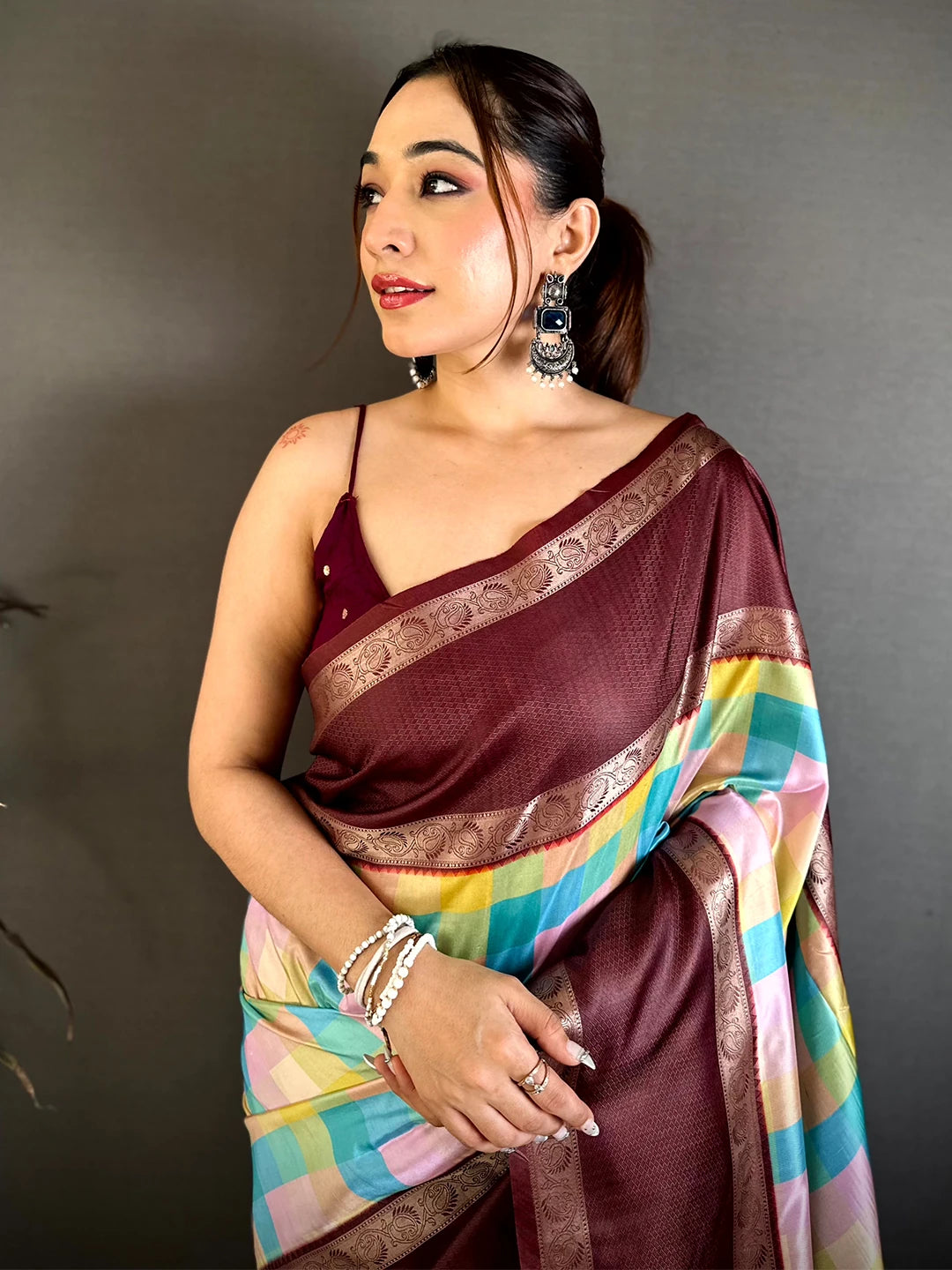 Royal Multicolor Soft Silk Checks Zari Border Saree