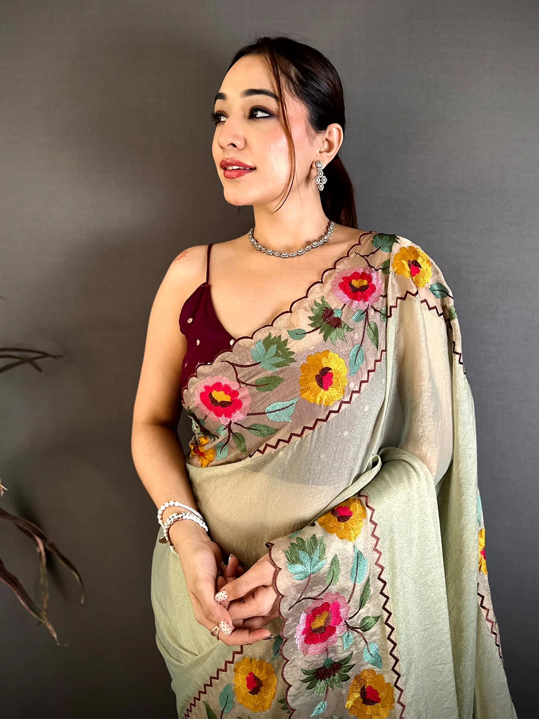 Pista Soft Crush Silk Resham Floral Border Saree