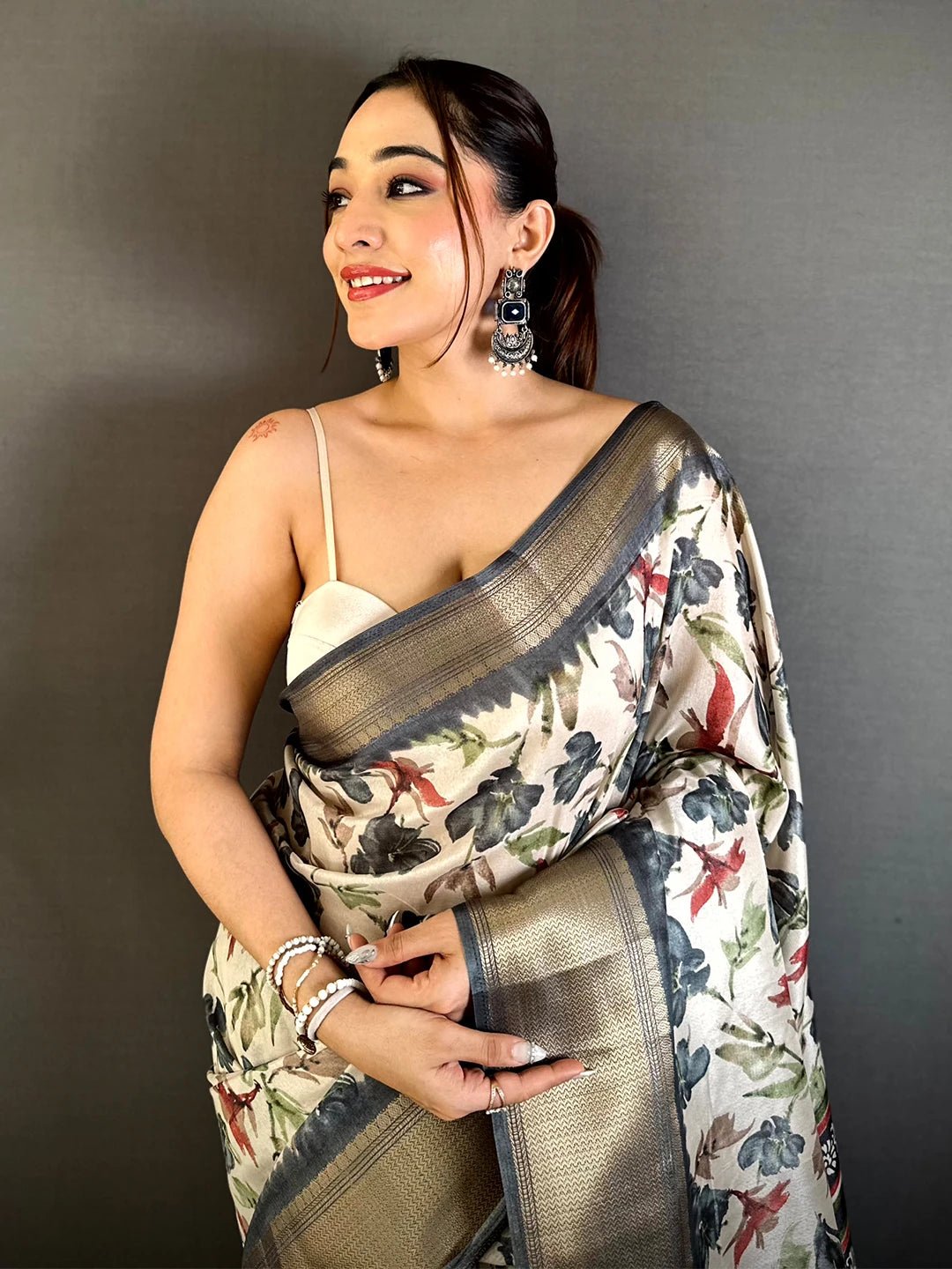 Classic Grey Soft Dola Floral Print Saree