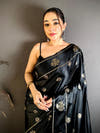 Royal Black Satin Silk Garuda Zari Butta Saree