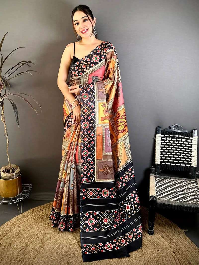 Stylish Tussar Kalamkari Patola Print Saree