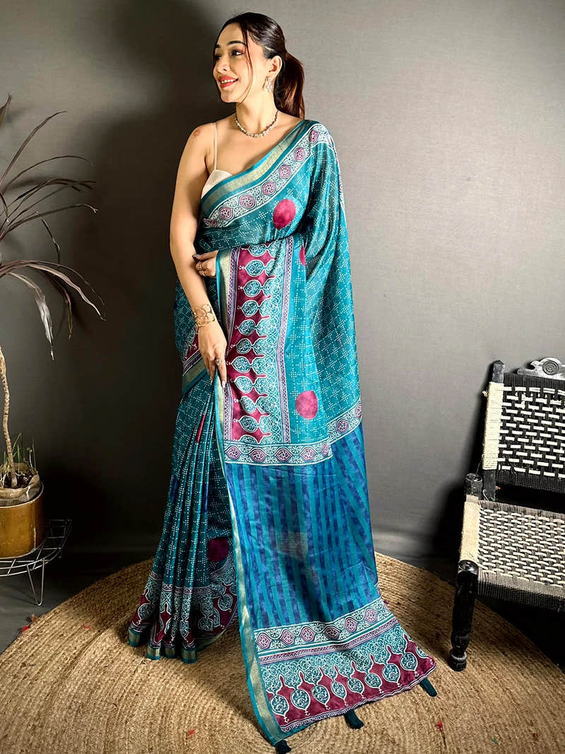 Teal Mul Cotton Bandhani Ajrak Print Saree