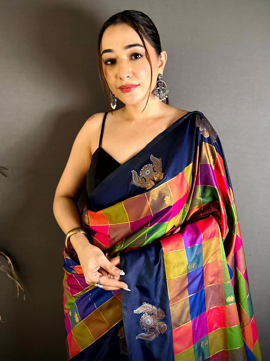 Navy multi colour soft silk checks saree, front drape on a model with Pallampazam motifs on the pallu and body