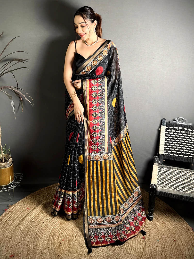 Black Mul Cotton Bandhani Ajrak Print Saree